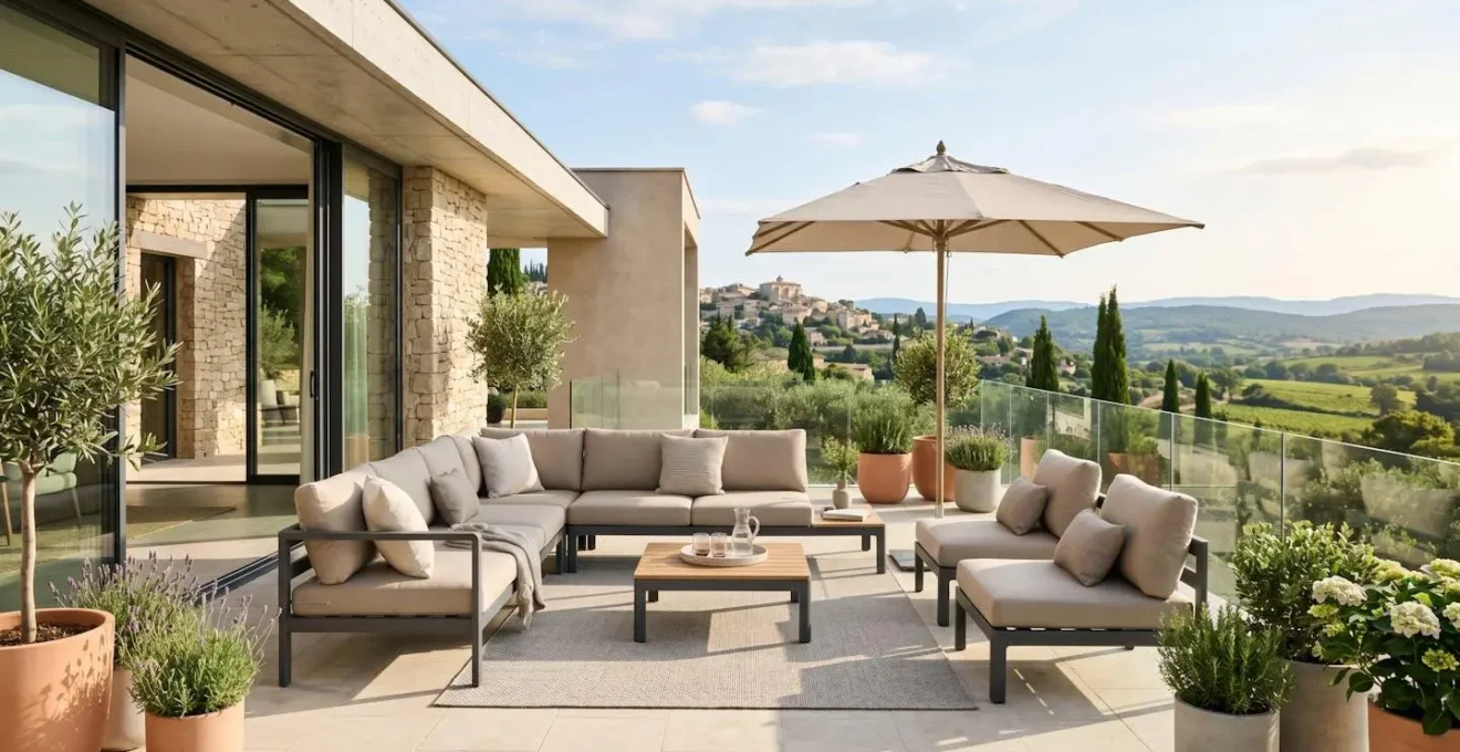 Terrasse contemporaine française baignée de lumière naturelle avec salon de jardin en aluminium et coussins beiges