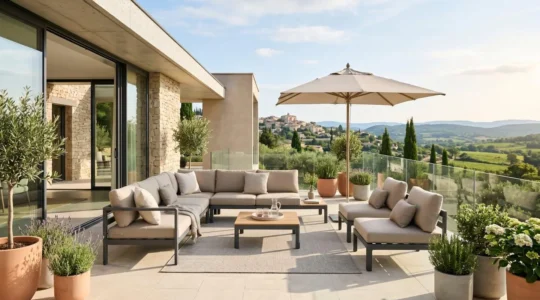 Terrasse contemporaine française baignée de lumière naturelle avec salon de jardin en aluminium et coussins beiges
