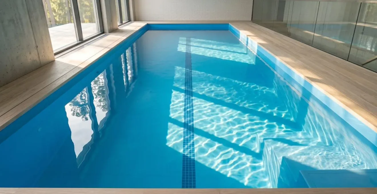 Liner de piscine parfaitement tendu avec lumière traversant l'eau