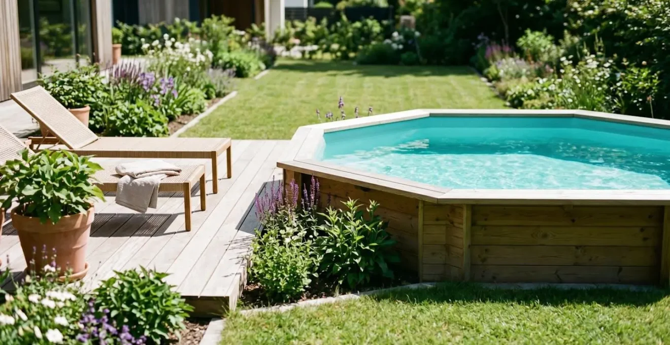 Piscine en bois octogonale intégrée dans un jardin contemporain avec plage en bois exotique