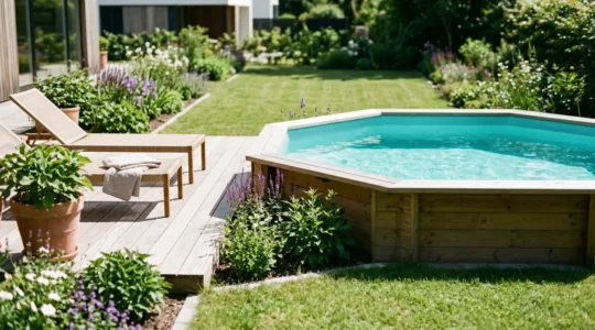 Piscine en bois octogonale intégrée dans un jardin contemporain avec plage en bois exotique